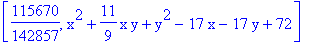 [115670/142857, x^2+11/9*x*y+y^2-17*x-17*y+72]
